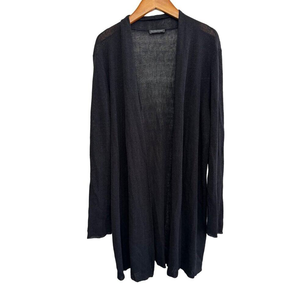 Eileen Fisher Polished Linen Rib Long Cardigan Black Large